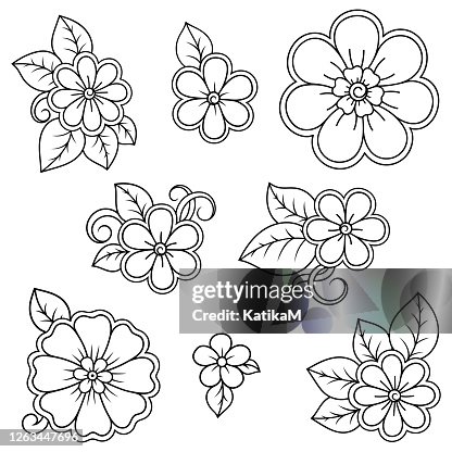 Set Of Mehndi Flower Pattern For Henna Drawing And Tattoo Decoration In ...