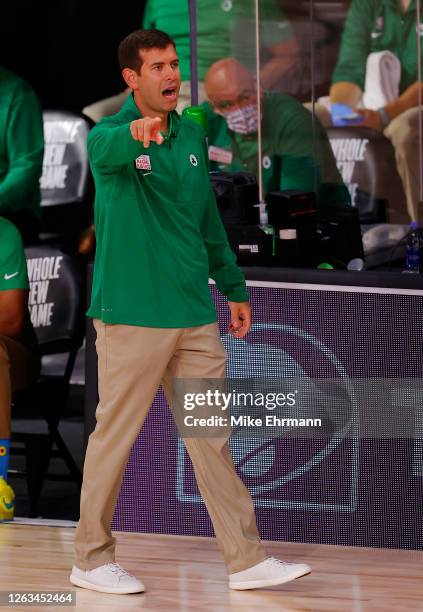 Head coach Brad Stevens of the Boston Celtics signals against the Portland Trail Blazers at The Arena at ESPN Wide World Of Sports Complex on August...