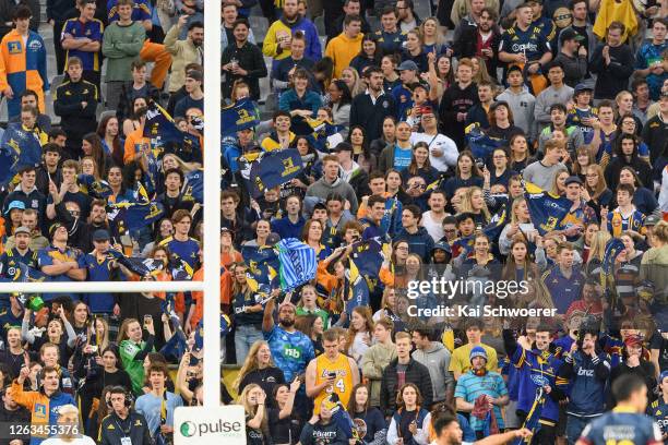 Blues fan shows his support during the round 8 Super Rugby Aotearoa match between the Highlanders and the Blues at Forsyth Barr Stadium on August 02,...