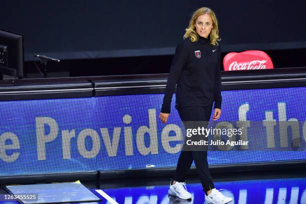 Head coach Nicki Collen of the Atlanta Dream looks on during the first half of a game against the Indiana Fever at Feld Entertainment Center on...