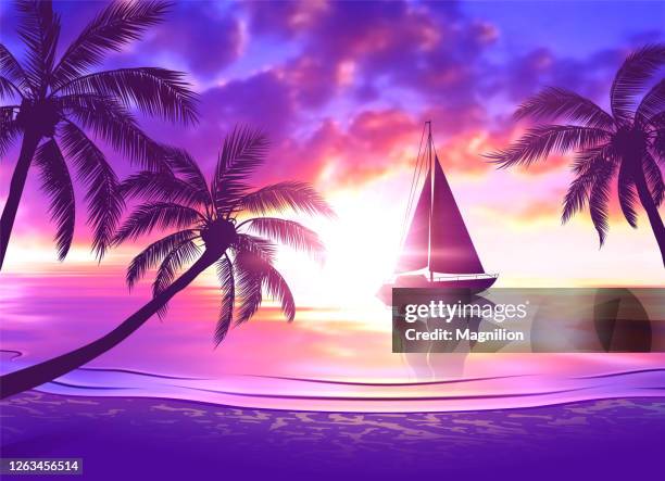 ilustrações de stock, clip art, desenhos animados e ícones de tropical beach at sunset with sailboat and palm trees - landscape purple