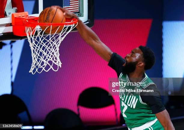 Jaylen Brown of the Boston Celtics dunks against the Portland Trail Blazers at The Arena at ESPN Wide World Of Sports Complex on August 02, 2020 in...