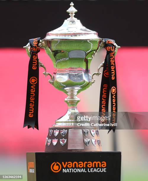 The Conference League Cup Trophy on the plinth after the Vanarama National League Play Off Final match between Harrogate Town and Notts County at...