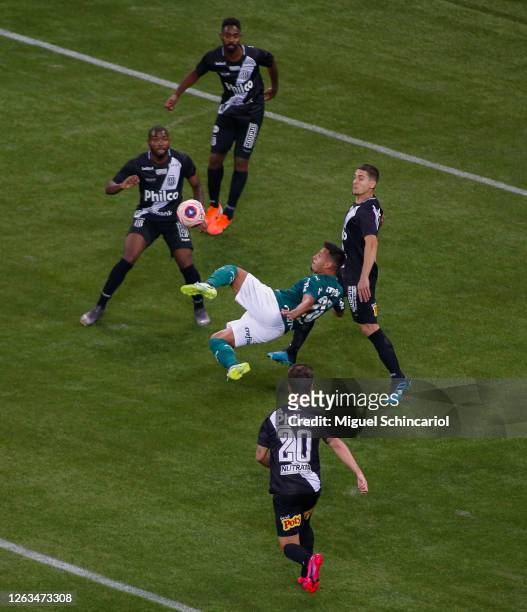 Gabriel Menino of Palmeiras kicks the ball during a match between Palmeiras and Ponte Preta as part of the State Championship Semi-Final at Allianz...