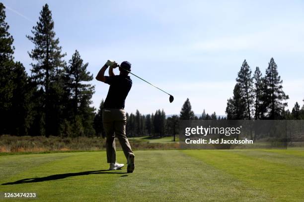 Emiliano Grillo of Argentina plays his shot from the sixth tee during the final round of the Barracuda Championship at Tahoe Mountain Club's Old...
