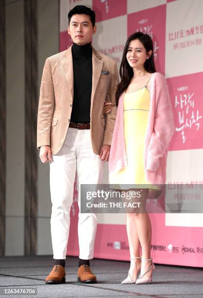 Actor Hyun-Bin and actress Son Ye-Jin during a press conference of tvN drama 'Crashing Landing On You' at Four Seasons Hotel on December 09, 2019 in...