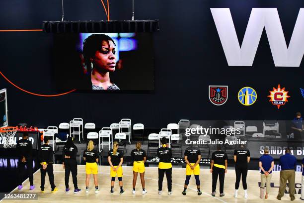 The Indiana Fever observe a moment of silence for Sandra Bland before a game against the Atlanta Dream at Feld Entertainment Center on August 02,...