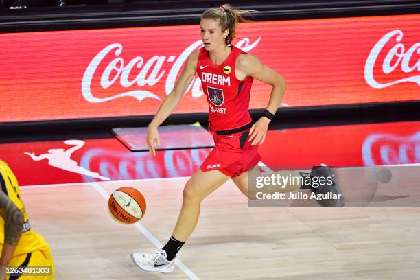 Blake Dietrick of the Atlanta Dream dribbles up court during the first half of a game against the Indiana Fever at Feld Entertainment Center on...