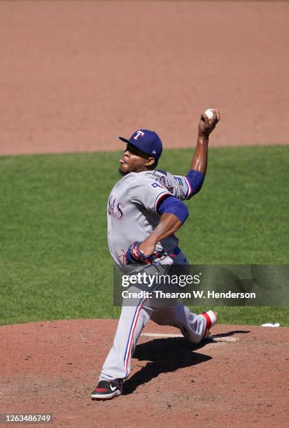 Edinson Volquez of the Texas Rangers pitches against the San Francisco Giants in the bottom of the ninth inning at Oracle Park on August 02, 2020 in...