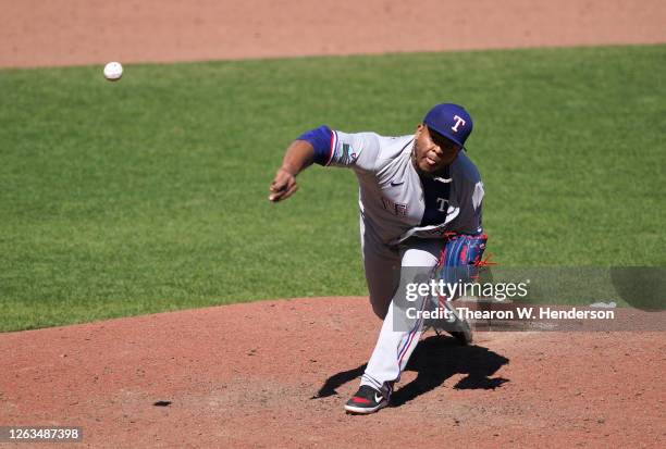 Edinson Volquez of the Texas Rangers pitches against the San Francisco Giants in the bottom of the ninth inning at Oracle Park on August 02, 2020 in...