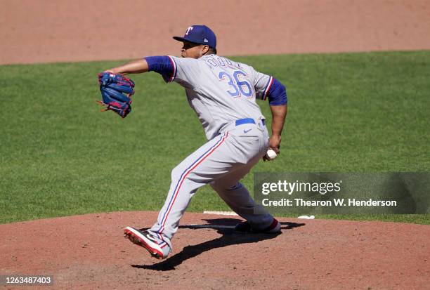 Edinson Volquez of the Texas Rangers pitches against the San Francisco Giants in the bottom of the ninth inning at Oracle Park on August 02, 2020 in...