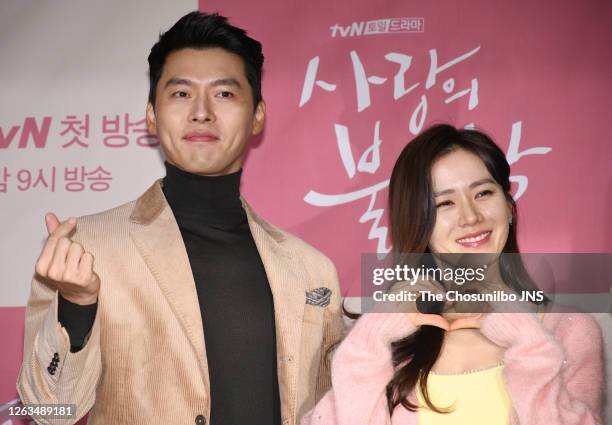 Actor Hyun-Bin and actress Son Ye-Jin during a press conference of tvN drama 'Crashing Landing On You' at Four Seasons Hotel on December 09, 2019 in...