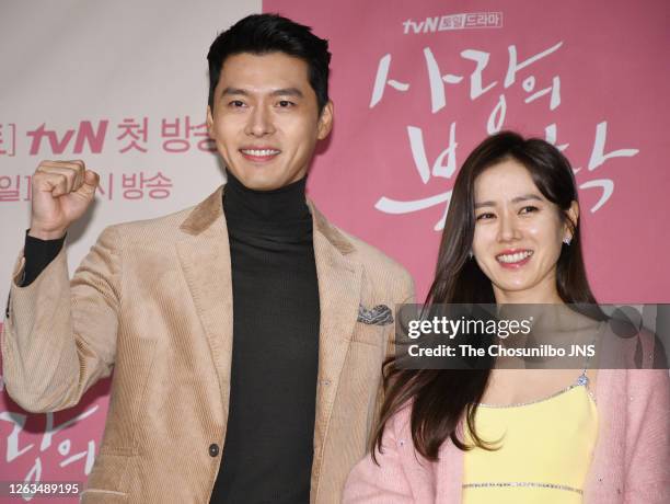 Actor Hyun-Bin and actress Son Ye-Jin during a press conference of tvN drama 'Crashing Landing On You' at Four Seasons Hotel on December 09, 2019 in...