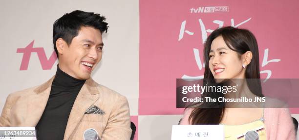 Actor Hyun-Bin and actress Son Ye-Jin during a press conference of tvN drama 'Crashing Landing On You' at Four Seasons Hotel on December 09, 2019 in...