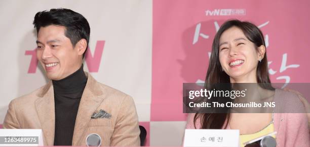 Actor Hyun-Bin and actress Son Ye-Jin during a press conference of tvN drama 'Crashing Landing On You' at Four Seasons Hotel on December 09, 2019 in...