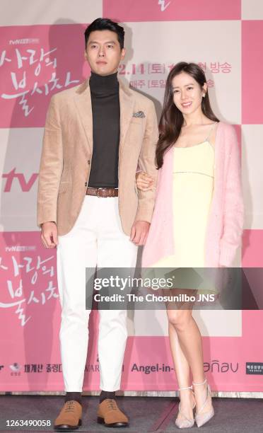 Actor Hyun-Bin and actress Son Ye-Jin during a press conference of tvN drama 'Crashing Landing On You' at Four Seasons Hotel on December 09, 2019 in...