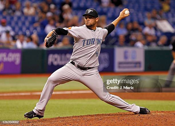 Pitcher Luis Perez of the Toronto Blue Jays pitches against the Tampa Bay Rays during the game at Tropicana Field on September 23, 2011 in St....