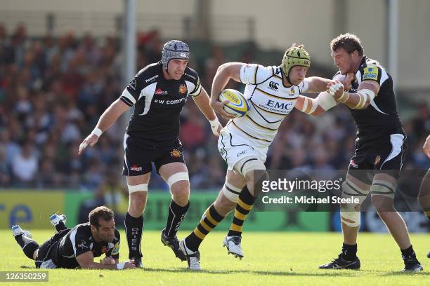 Richard Birkett of Wasps charges at the Exeter defence during the Aviva Premiership match between Exeter Chiefs and London Wasps at Sandy Park on...