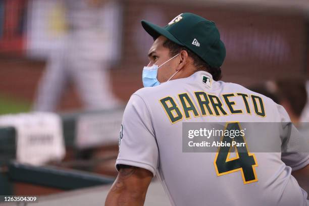 Franklin Barreto of the Oakland Athletics watches play in the ninth inning against the Seattle Mariners during their game at T-Mobile Park on August...