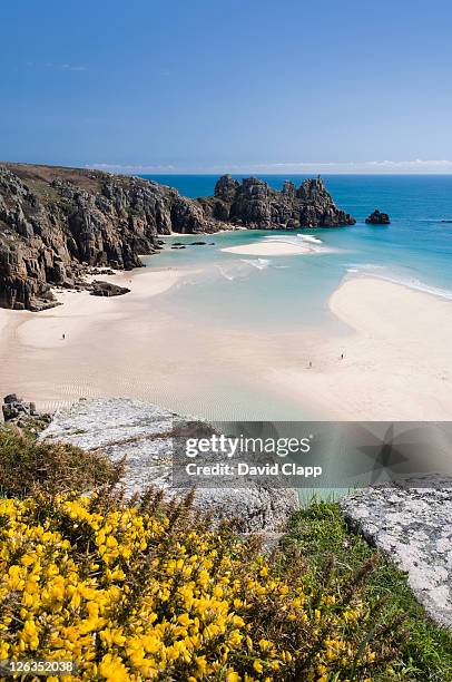 low tide reveals a white sandy beach at porthcurno looking towards logans rock. - lands end cornwall stock-fotos und bilder