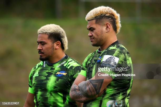 Asafo Aumua and Alex Fidow look on during a Hurricanes Super Rugby training session at Rugby League Park on August 03, 2020 in Wellington, New...