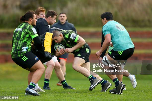 Dane Coles charges forward during a Hurricanes Super Rugby training session at Rugby League Park on August 03, 2020 in Wellington, New Zealand.