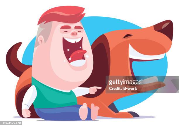 little boy laughing with dog - yap stock illustrations
