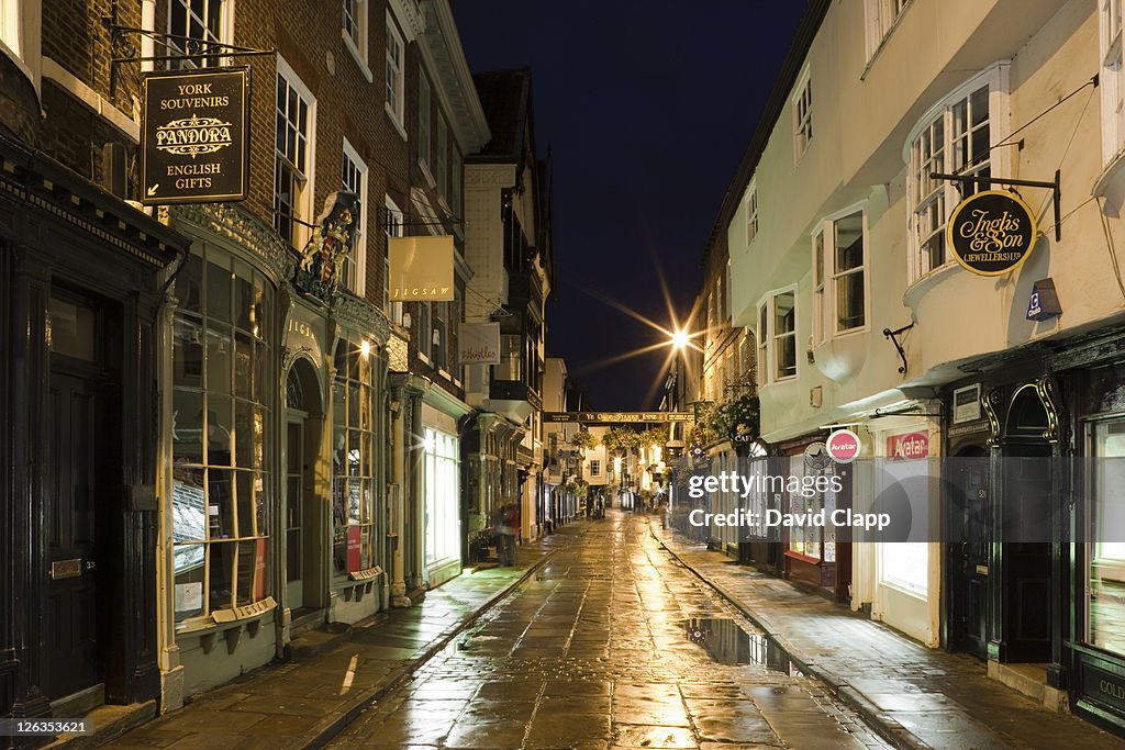 Night time at Petergate, a shopping precinct in York City, East Yorkshire, England, UK