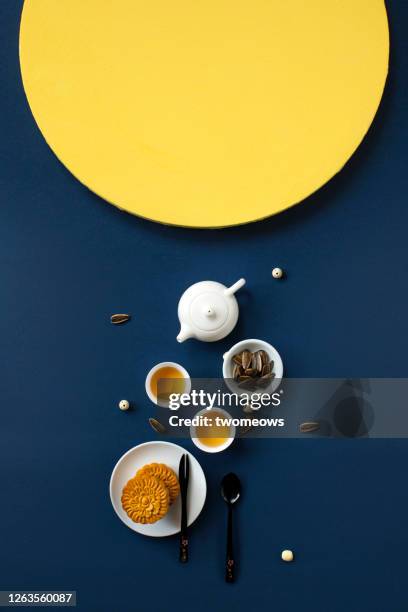 abstract mid autumn festival food still life. - blue teapot stock pictures, royalty-free photos & images