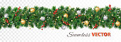 Vector Christmas decoration. Pine tree garland with ornaments