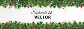Vector Christmas decoration. Christmas tree border with holly berries.