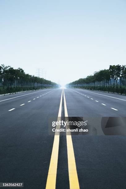 the endless asphalt road on the plain - linea gialla foto e immagini stock
