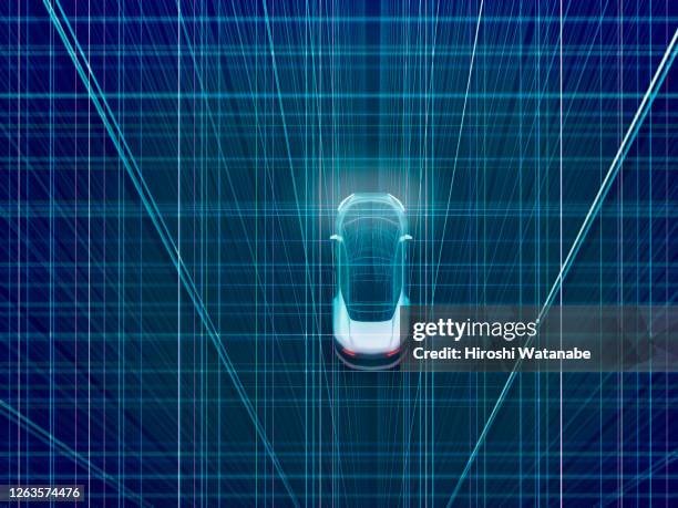 auto driving smart car in cyber space made of light trail - auto daten stock-fotos und bilder