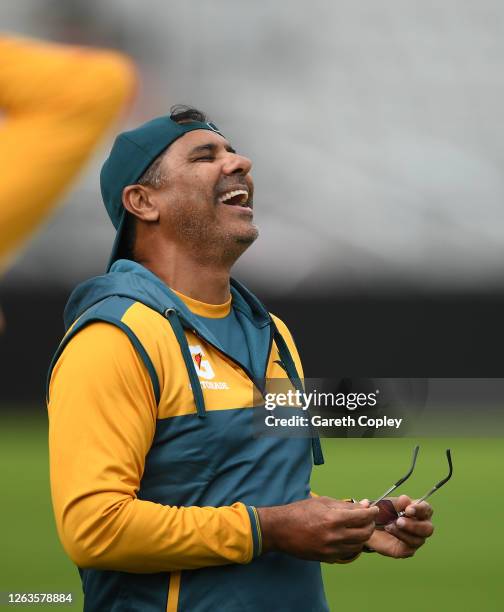 Pakistan bowling coach Waqar Younis looks on during a Pakistan Nets Session at Emirates Old Trafford on August 03, 2020 in Manchester, England.