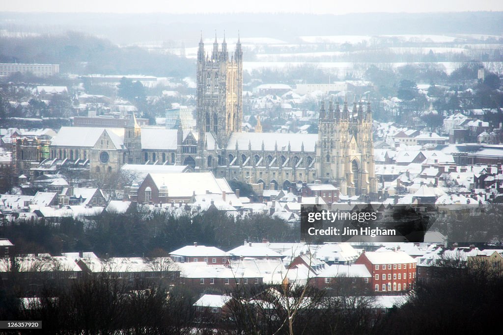 Snow laden Canterbury Cathedral