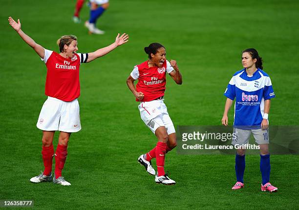 Rachel Yankey of Arsenal Ladies celebrates the fourth goal in front of Jayne Ludlow and Karen Carney of Birmingham City during the FA WSL Continental...