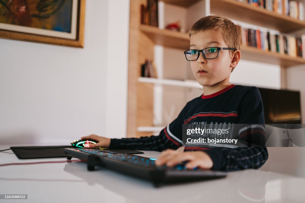 Pojke spelar tv-spel på en dator hemma