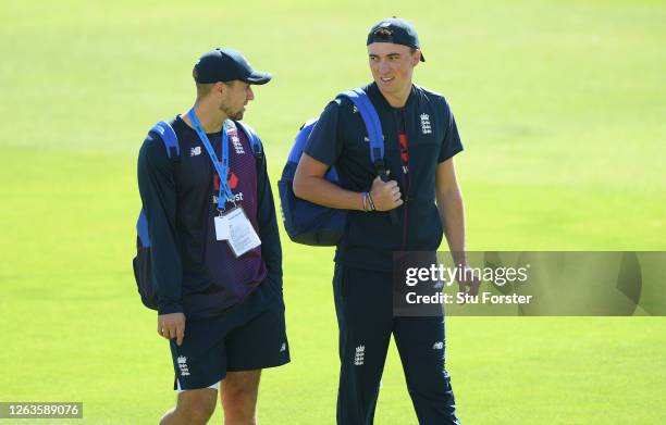 England batsman Tom Banton in conversation with Liam Livingstone during England nets ahead of the 3rd Royal London ODI at Ageas Bowl on August 03,...