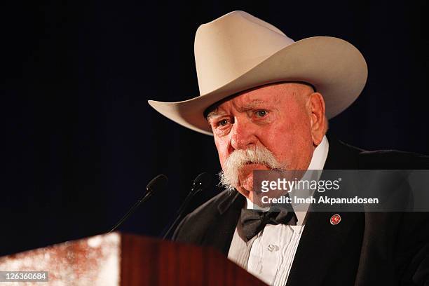Actor Wilford Brimley speaks on stage at the 50th Anniversary Stuntmens Gala Honoring Harrison Ford on September 24, 2011 in Universal City,...