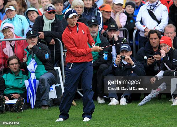 Ryann O'Toole of the USA hits her 3rd shot on the 18th hole during the singles matches on day three of the 2011 Solheim Cup at Killeen Castle Golf...