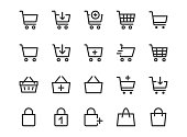 Shopping Cart Line Icon. Minimal Vector Illustration. Included Simple Outline Icons as Trolley, Supermarket Basket, Shop Bag, Add Item, E-commerce. Editable Stroke. Pixel Perfect
