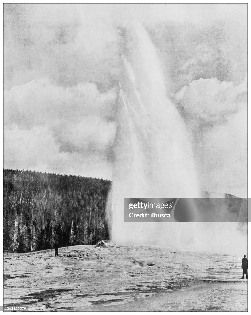 Antique black and white photograph: Yellowstone Geyser