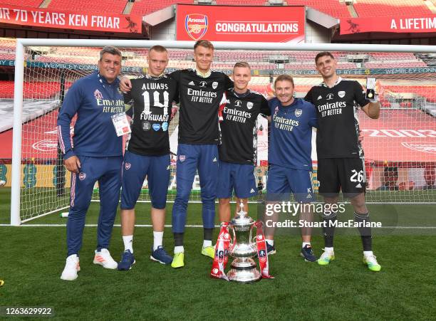 Goalkeeping coach Sal Bibbo, Karl Hein, Matt Macey, Bernd Leno Inaki Cana Pavon and Emiliano Martinez after the FA Cup Final match between Arsenal...