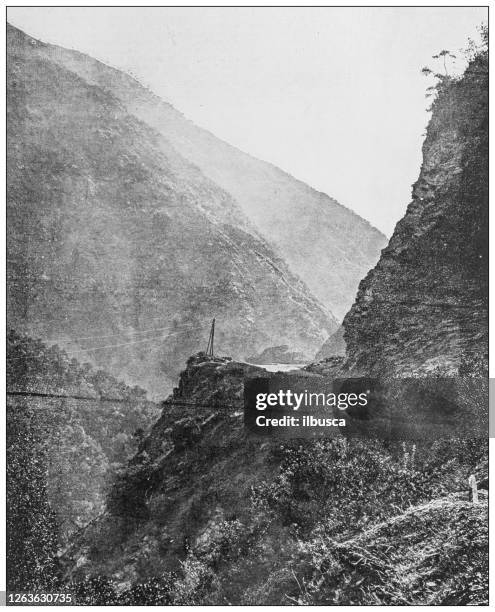 antique black and white photograph: chiffa gorge - atlas mountains stock illustrations