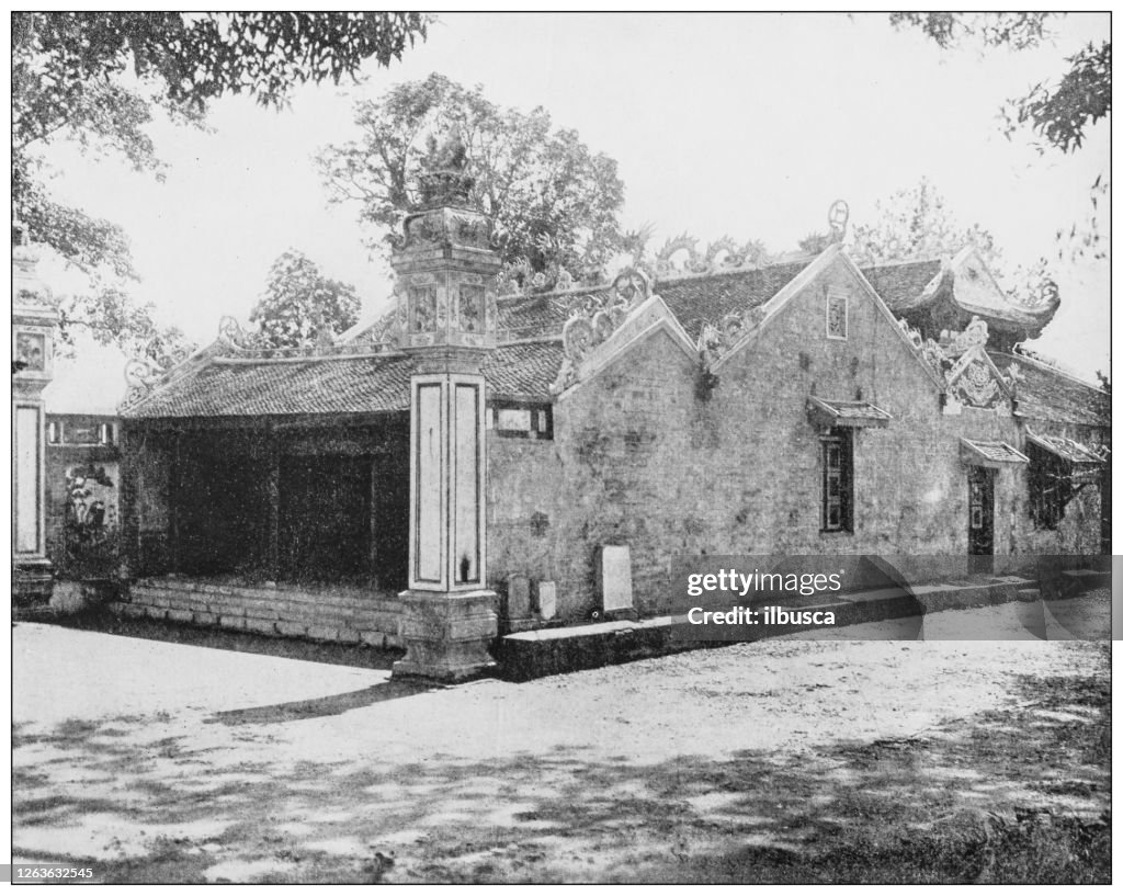Antique black and white photograph: Buddha pagoda, Hanoi