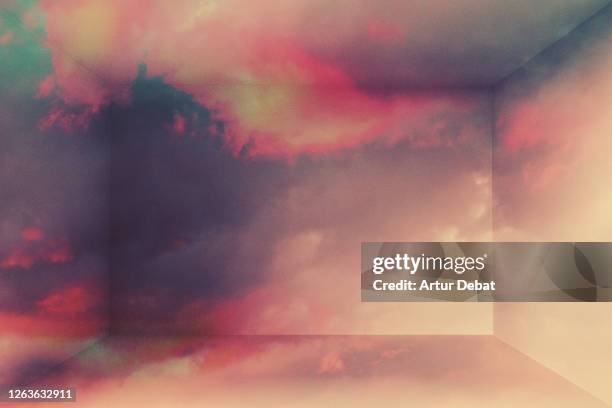 dramatic sunset sky inside home using virtual reality simulator. - surreal stock-fotos und bilder