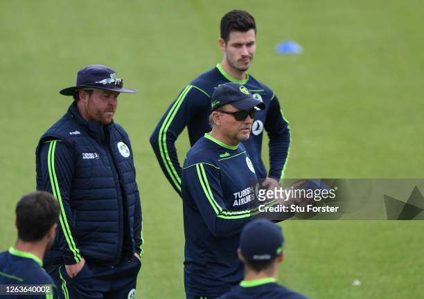 Ireland coach Graham Ford addresses the players during Ireland nets ahead of the 3rd Royal London ODI against England at Ageas Bowl on August 03,...