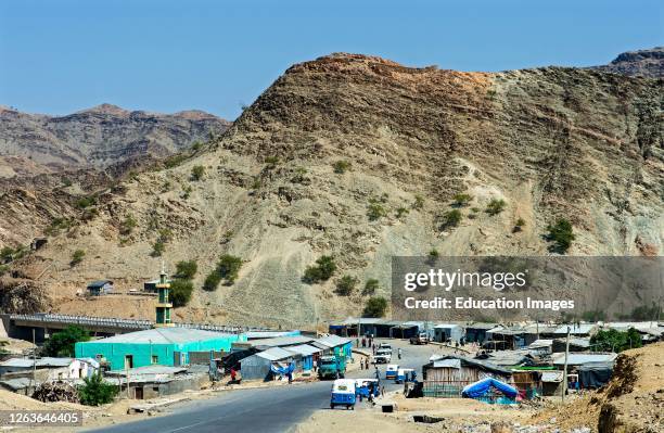 Desert village Berhale with mosque the at the edge of the Danakil depression, Afar Triangle, Ethiopia.