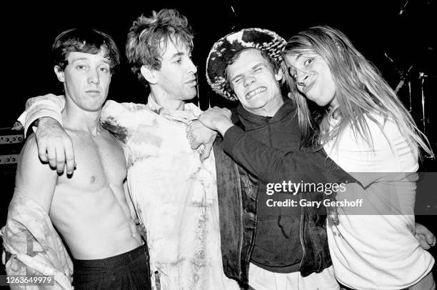 Portrait of the members of American Rock group Red Hot Chili Peppers as they pose together before a sold-out performance at the Ritz, New York, New...