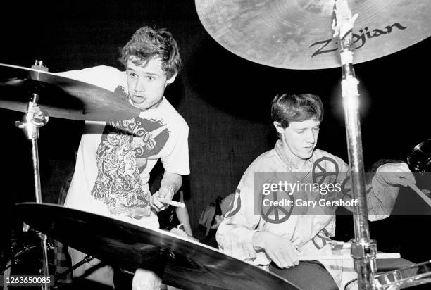 American Rock musicians Flea and Jack Irons, both of the group Red Hot Chili Peppers, both play drums during a soundcheck before a sold-out...